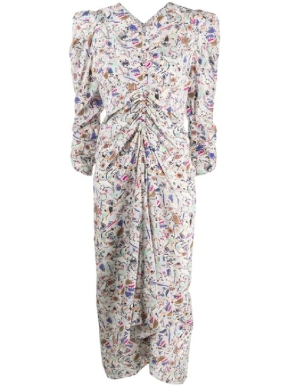 Isabel Marant White Multicolor Ruched Long-Sleeve Midi Dress